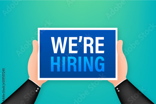 We re Hiring web banner. Megaphone With We are Hiring Speech on green background. Vector illustration.