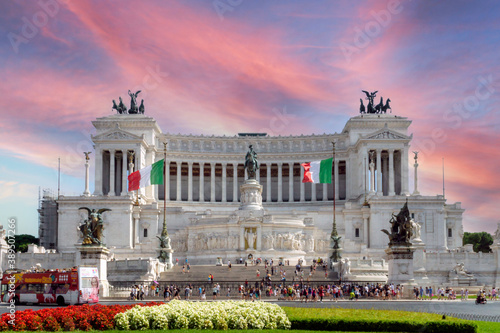 Photography Viktor Emanuel II monument, Altare della Patria in Italy, Rome during sunset and pink clouds