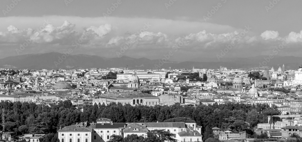 Panorama over Rome city in Italy, from high angle viewpoint. Architecture and travelling concept. Black and white theme.