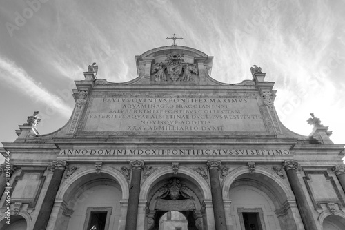Fontana dell'Acqua Paola or the big fountain in Italy Rome. Architecture and travelling concept. Black and white theme.