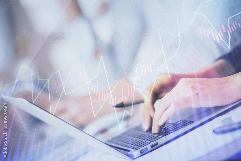 Double exposure of woman hands typing on computer and forex chart hologram drawing. Stock market invest concept. Double exposure of woman hands typing on computer and forex chart hologram drawing. Stock market invest concept.