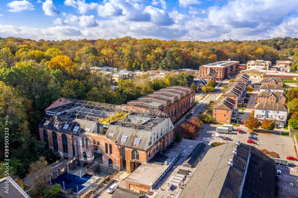 Aerial view of regentrified Woodberry neighborhood in Baltimore