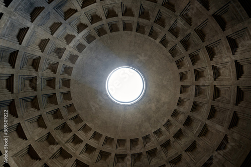 Ceiling and the dome inside the Pantheon roman temple and catholic church in rome Italy. Architecture and travelling concept.