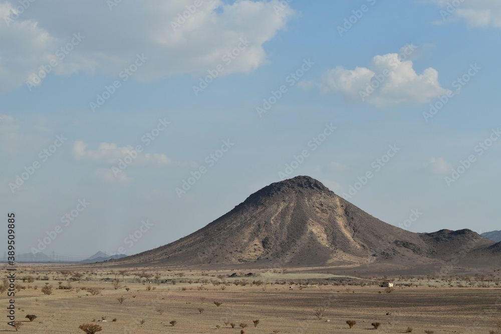 Landscape with a volcano in desert, Saudi Arabia, KSA, on the way between Jeddah and Medina 