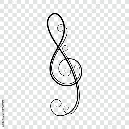 Music note, treble clef line with swirls, vector illustration.