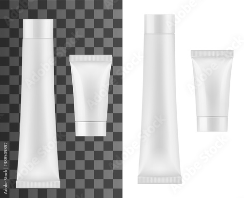 Tube for cream, cosmetics or toothpaste isolated vector mockup. White plastic container with screw cap. Small and big cosmetic moisturizing cream tubes, medical ointment package, realistic 3d mock up