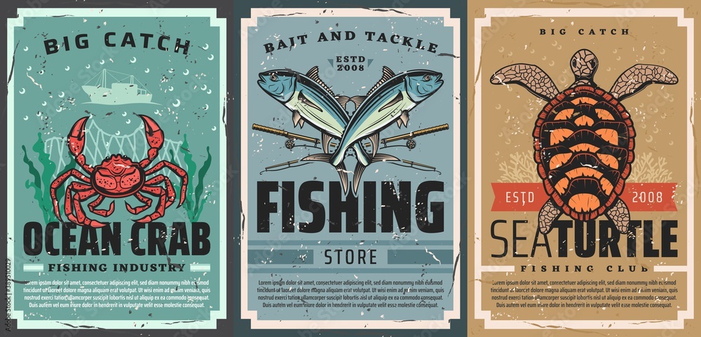 Seafood catch and fishing tackle shop vintage poster. Ocean crab, tuna and  rods, sea turtle, coral and seaweed vector. Seafood industry, fishing  equipment and bait store and club retro banners Stock Vector