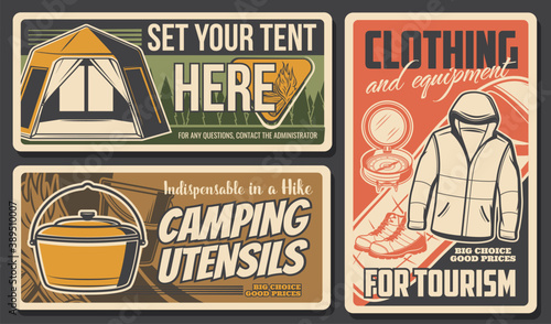 Camping and hiking travel tourism sport and outdoor adventure, vector posters. Mountain camp and nature trekking club expedition, camping utensils, equipment and tourist clothing shop