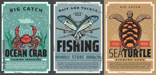 Seafood catch and fishing tackle shop vintage poster. Ocean crab, tuna and rods, sea turtle, coral and seaweed vector. Seafood industry, fishing equipment and bait store and club retro banners