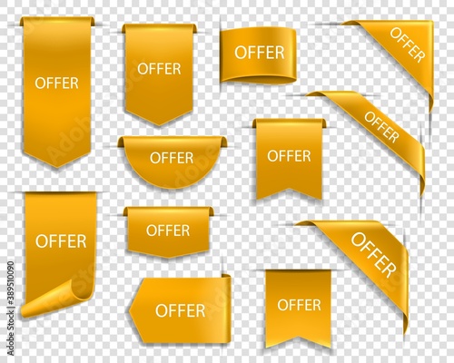 Golden ribbons and banners, gold labels for price promotion offer, vector icons. Golden yellow product, sale tags and discount sticker badges, online web shop corners and flags, retail buy deals
