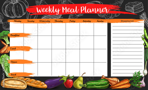 Weekly meal planner, vector timetable, week food plan organizer with sketch farm and meat products with bakery. Calendar menu with shopping list. Meal diary template for dieting with engraved veggies