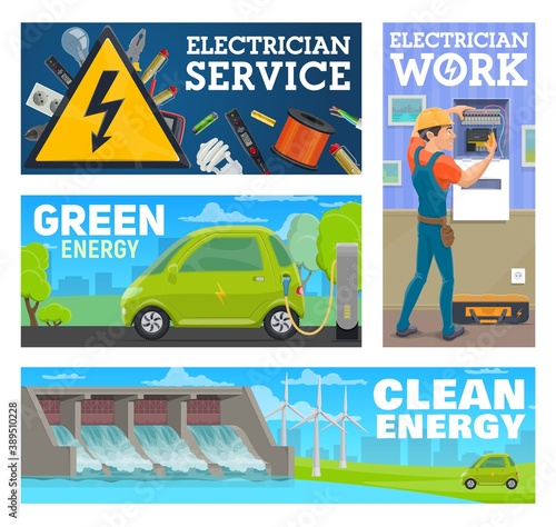 Electrician service worker and clean, green energy banner. Worker repairing or maintaining breaker panel, electric car charging battery on charging station, hydroelectric and wind power station vector