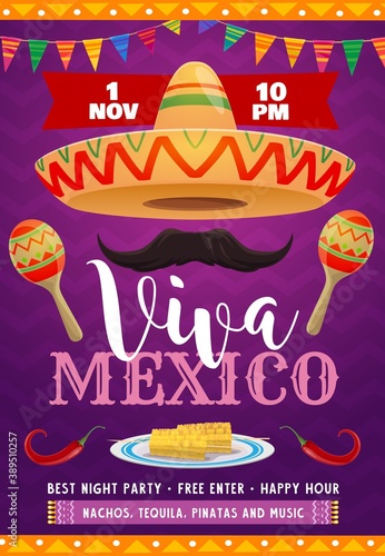 Viva Mexico vector flyer with mexican sombrero, mustaches and maracas. Flag garlands, red jalapeno and corn. Invitation for festival of traditional music and food, Mexico holiday party cartoon poster