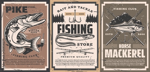 Fishing club and tackle shop poster. Northern pike with open maw, sea or river eel and atlantic horse mackerel, rods, treble fishhook and float vector. Fishing equipment store retro banner