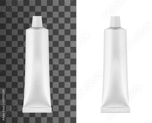 Realistic tube for toothpaste or cream isolated 3d vector mockup. Blank white tooth paste metal container with ribbed screw cap, cosmetic moisturizing cream tube or medical ointment package mock up