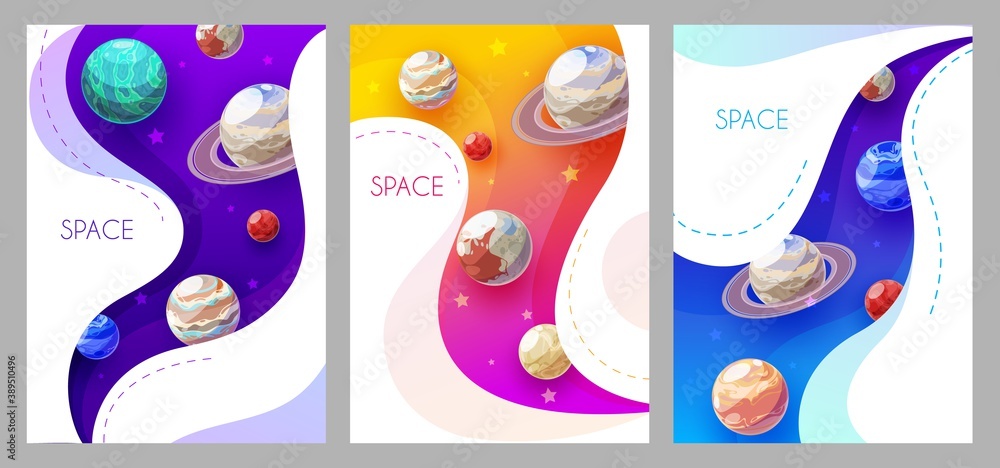 Space posters with cartoon planets, vector galaxy and solar system. Alien universe planets with orbit rings and stars, colorful landscapes or fantastic game surface, astronomy and space exploration