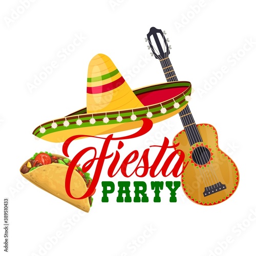 Fiesta party vector icon with traditional mexican symbols sombrero hat, guitar and tacos. Cartoon isolated label for Cinco de Mayo celebration. Latin event, mexican fiesta holiday celebration emblem