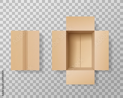 Empty cardboard box realistic vector mockup on transparent background. Open and closed brown carton delivery box, top view of package for shipping or storage, parcel or gift packing 3d mock up