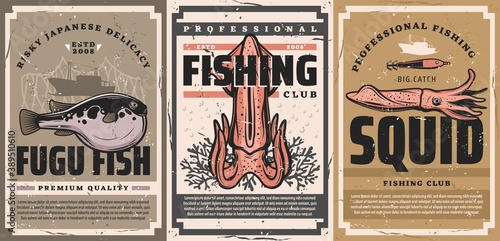 Seafood delicacy and squid fishing posters. Fugu fish and fresh squid, corals and boat, squid bait and fishnet vector. Japanese seafood restaurant, professional fishing club retro banners