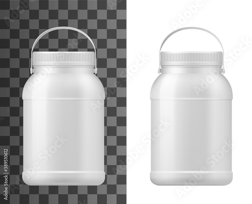 Plastic jar isolated vector big mayonnaise package, conserved container, bottle with lid and handle. Realistic 3d mayo packing with cap, blank pot, mayonnaise jar, can object on transparent background