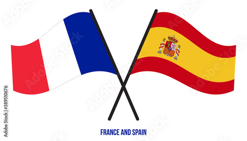 France and Spain Flags Crossed And Waving Flat Style. Official Proportion. Correct Colors.
