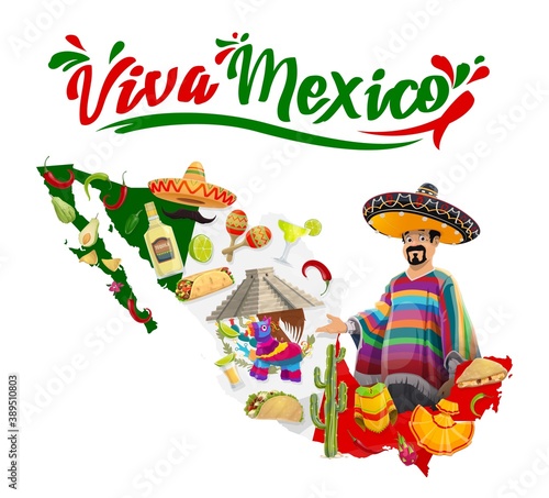 Viva Mexico vector poster with Mexican man in sombrero and poncho, maracas, kukulkan temple and map with pinata. Cartoon traditional symbols tequila, tacos and jalapeno, isolated label with typography