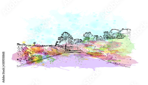 Building view with landmark of Caxias do Sul is a city in Rio Grande do Sul, Southern Brazil. Watercolor splash with hand drawn sketch illustration in vector.