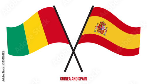 Guinea and Spain Flags Crossed And Waving Flat Style. Official Proportion. Correct Colors.
