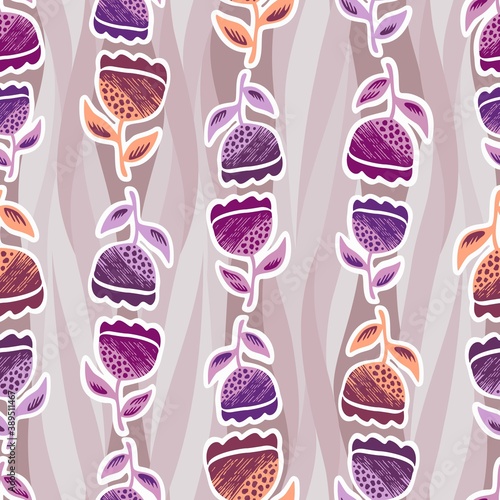 Hand drawn sticker outlined flowers artfully arranged in vertically on softly muted neutral wavy background. For printed and digital papers, scrapbooking, home decor, commercial goods and whatnots.