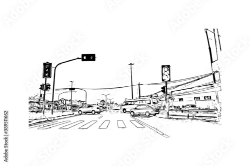 Building view with landmark of Caxias do Sul is a city in Rio Grande do Sul, Southern Brazil. Hand drawn sketch illustration in vector.