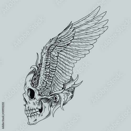 tattoo and t-shirt design black and white hand drawn skull and wing engraving ornament premium vector