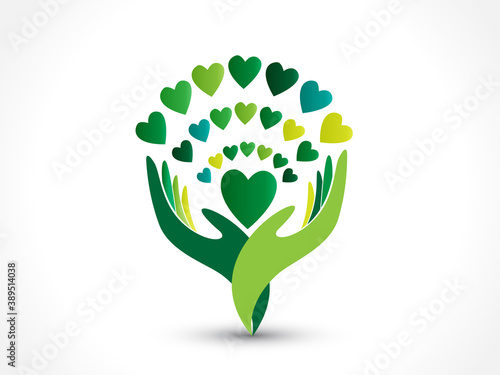 Logo family tree hands and hearts ecology symbol icon vector