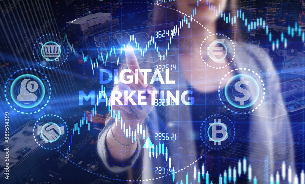 Business, Technology, Internet and network concept. Young businessman working on a virtual screen of the future and sees the inscription: Digital marketing Business, Technology, Internet and network concept. Young businessman working on a virtual screen of the future and sees the inscription: Digital marketing