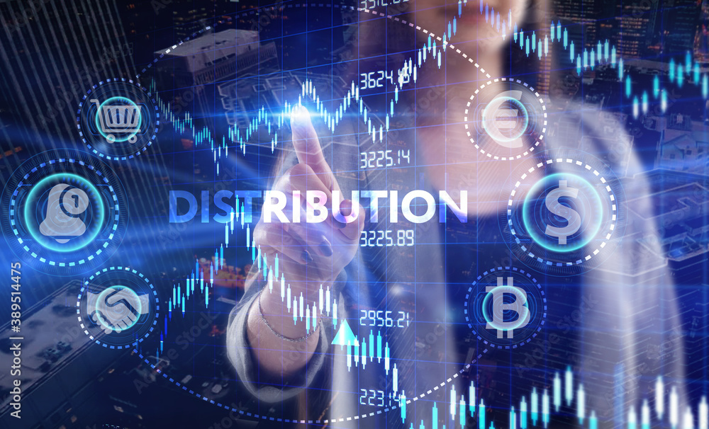 Business, Technology, Internet and network concept. Young businessman working on a virtual screen of the future and sees the inscription: Distribution Business, Technology, Internet and network concept. Young businessman working on a virtual screen of the future and sees the inscription: Distribution