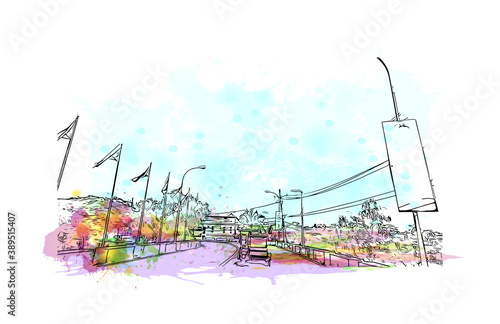 Building view with landmark of Cavite is a province in the Philippines located in the Calabarzon region in Luzon. Watercolor splash with hand drawn sketch illustration in vector.