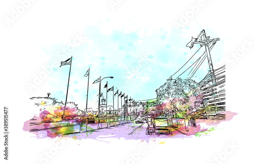 Building view with landmark of Cavite is a province in the Philippines located in the Calabarzon region in Luzon. Watercolor splash with hand drawn sketch illustration in vector. photo