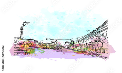 Building view with landmark of Cavite is a province in the Philippines located in the Calabarzon region in Luzon. Watercolor splash with hand drawn sketch illustration in vector. photo