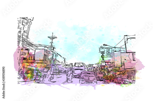 Building view with landmark of Cavite is a province in the Philippines located in the Calabarzon region in Luzon. Watercolor splash with hand drawn sketch illustration in vector. photo