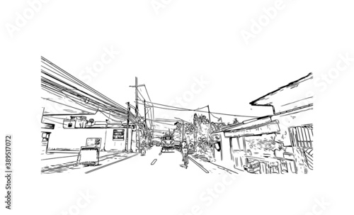 Building view with landmark of Cavite is a province in the Philippines located in the Calabarzon region in Luzon. Hand drawn sketch illustration in vector.