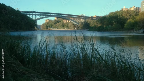 Stationary ground shot of blowing grass near Spuyten Duyvil and the Henry Hudson Bridge at the tip of Manhattan New York City photo