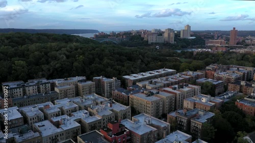 Aerial flight over Inwood neighborhood of Upper Manhattan New York City toward the Henry Hudson Bridge photo