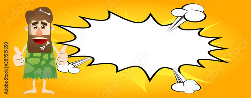Cartoon caveman making thumbs up sign with two hands. Vector illustration of a man from the stone age.