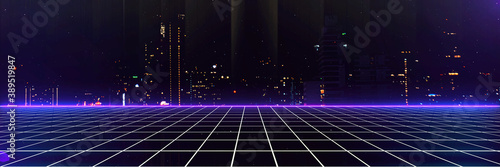 Retro cyberpunk style 80s Sci-Fi Background Futuristic with laser grid landscape. Digital cyber surface style of the 1980`s. 3D illustration. For banner