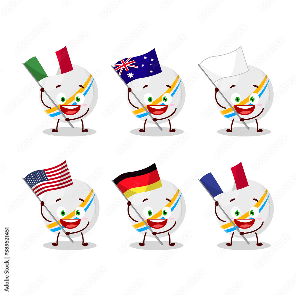 White stripes marbles cartoon character bring the flags of various countries White stripes marbles cartoon character bring the flags of various countries