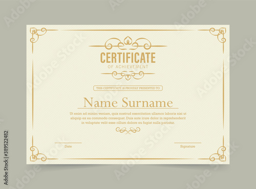 Certificate of achievement template in vector with applied Thai line in yellow gold tone