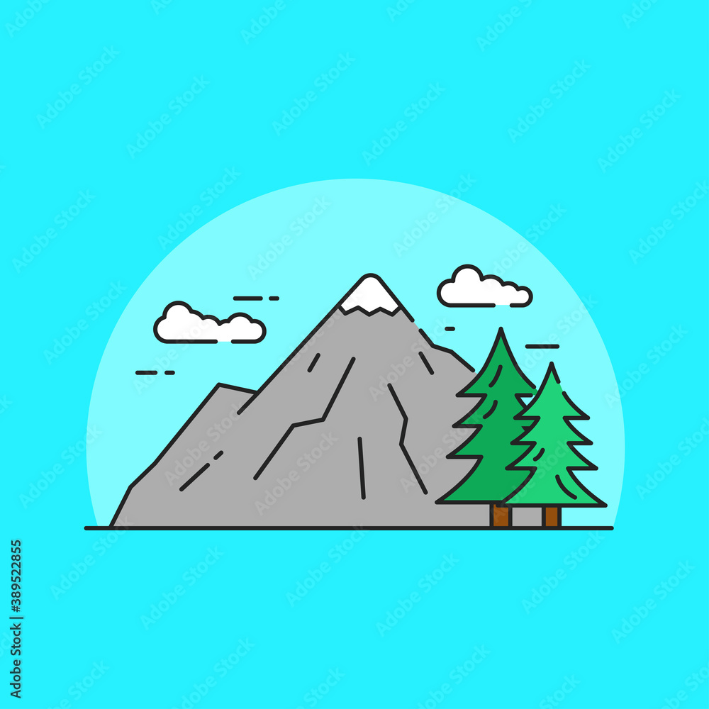 Simple mountain vector illustration on blue background. Linear color style of mountain icon 