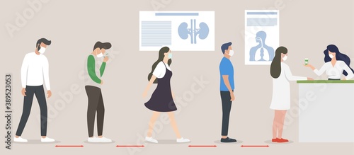 Medicine healthcare concept, patients standing in line or waiting for treatment concept, pharmacist giving pills to mix race customers patients standing line queue at pharmacy counter.