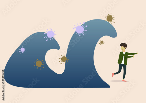 Coronavirus pandemic second wave concept. Two waves of covid viruses and man run away. Lockdown disease destruction impact symbol, fear and panic of people