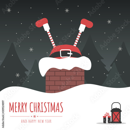 Santa stuck in chimney. Christmas eve night. Holiday greeting card. Funny vector illustration in cartoon style. Delivery new year gift and christmas presents.