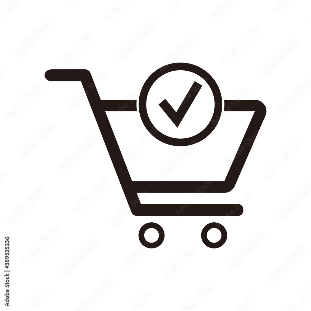 Shopping Cart and Check Mark Icon. Trolley symbol on white background. Vector Illustration. Shopping Cart and Check Mark Icon. Trolley symbol on white background. Vector Illustration.